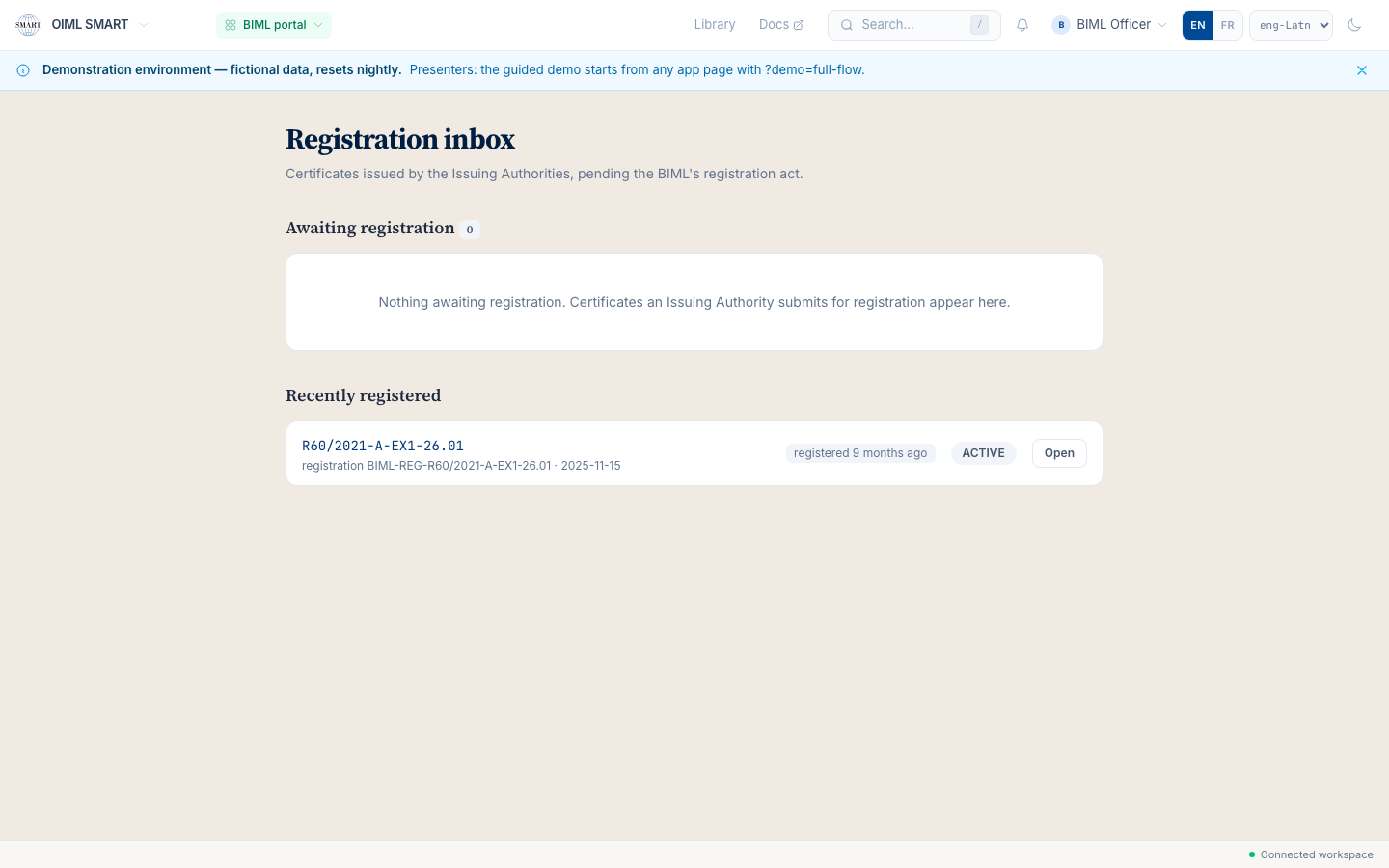 The BIML console: the registration inbox for pending certificates and the recently registered worked-example certificate.