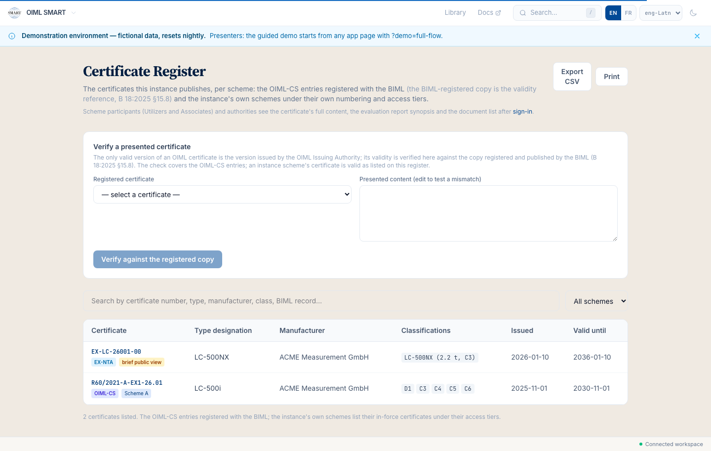The public Certificate Register: the ACTIVE worked-example certificate readable by anyone, no sign-in.