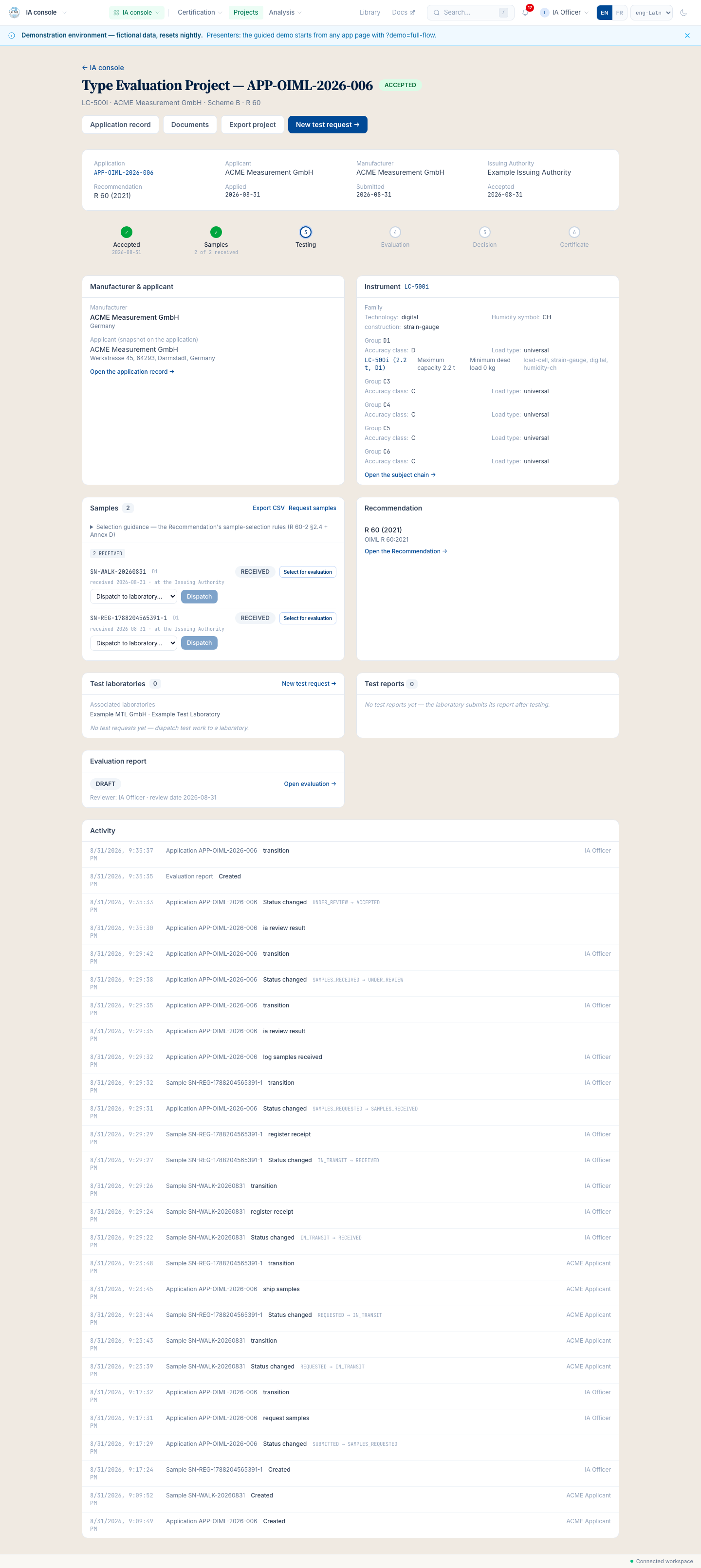 The Evaluation Project hub after acceptance: one record linking the application, the samples, the test requests, the reports, the verdicts, and the certificate-to-be.