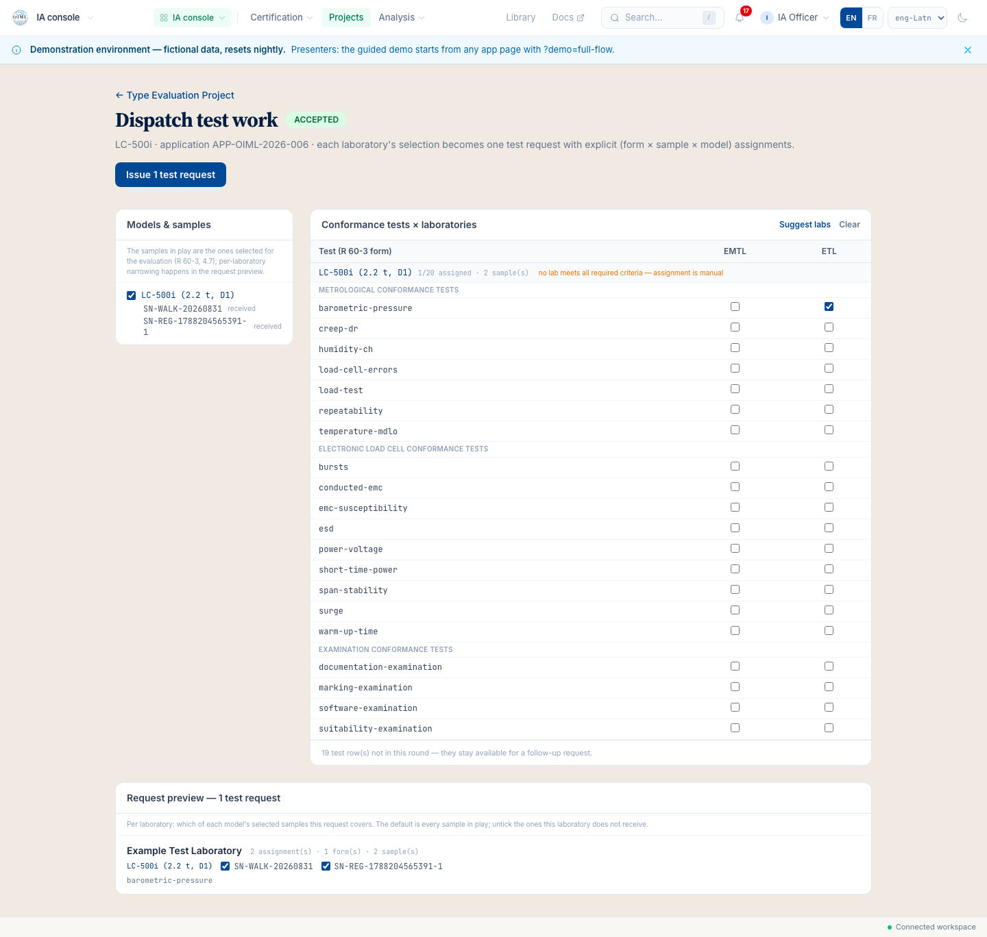 The dispatch builder: the test-forms by samples matrix with per-laboratory assignment, one test request composed for the Blefuscu Central Laboratory.