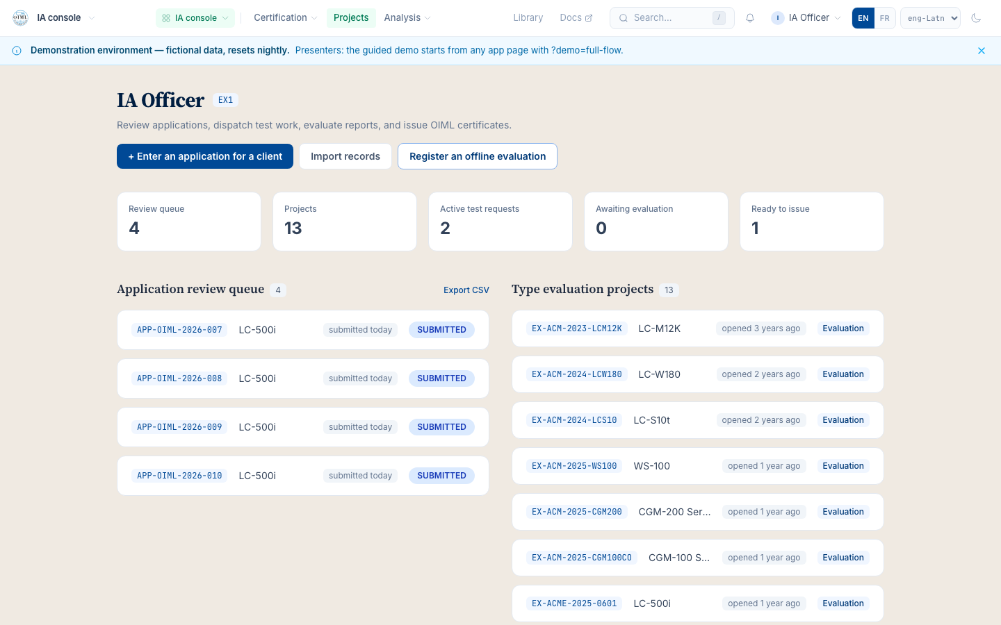 The IA console's review queue holding the waiting application, oldest first, with its Recommendation, applicant, and age.