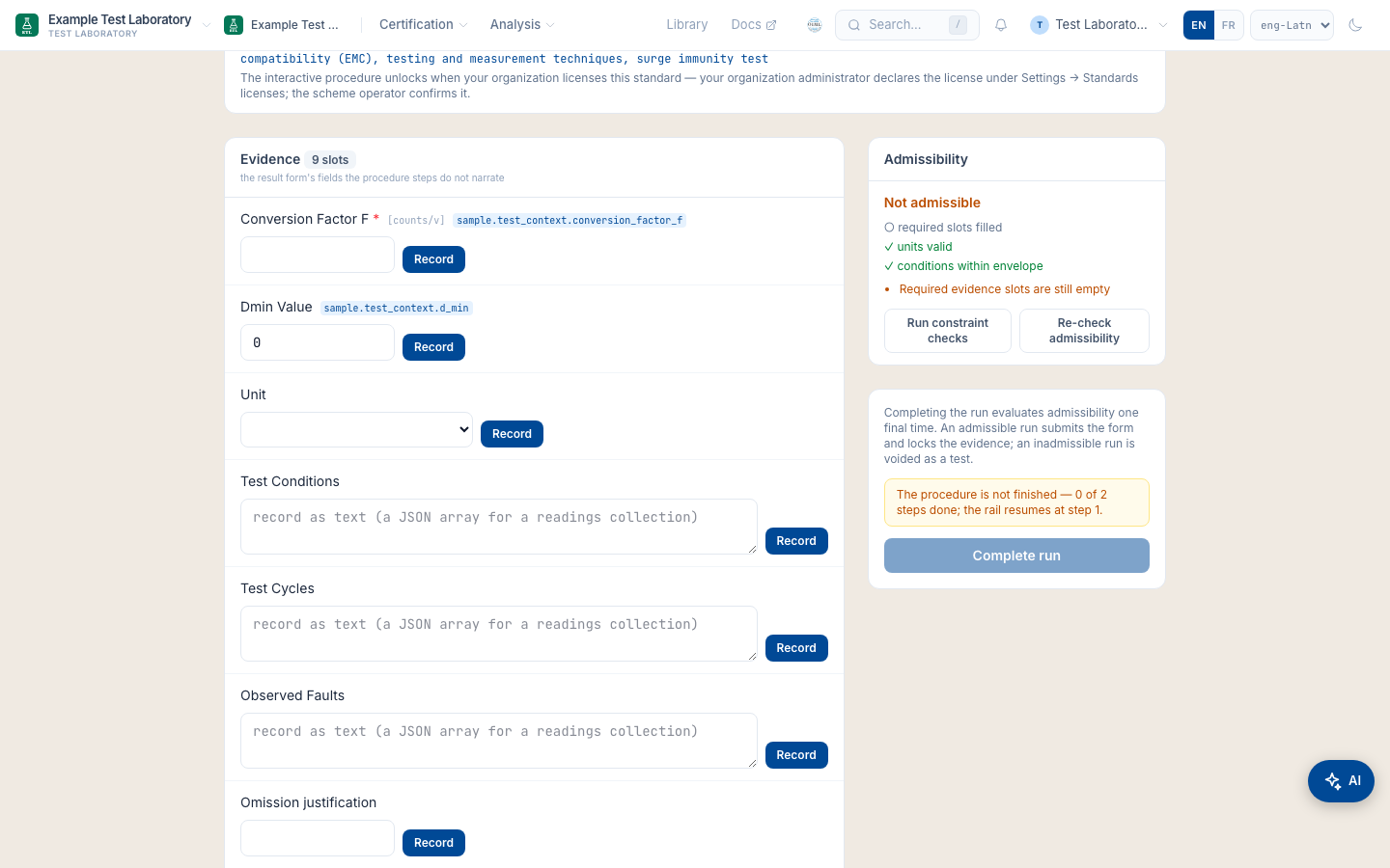 The surge run at the laboratory rendering the citation tier: the behavior's citation, the license hint naming the two acts that open the interactive tier, and the plain procedure form beneath.