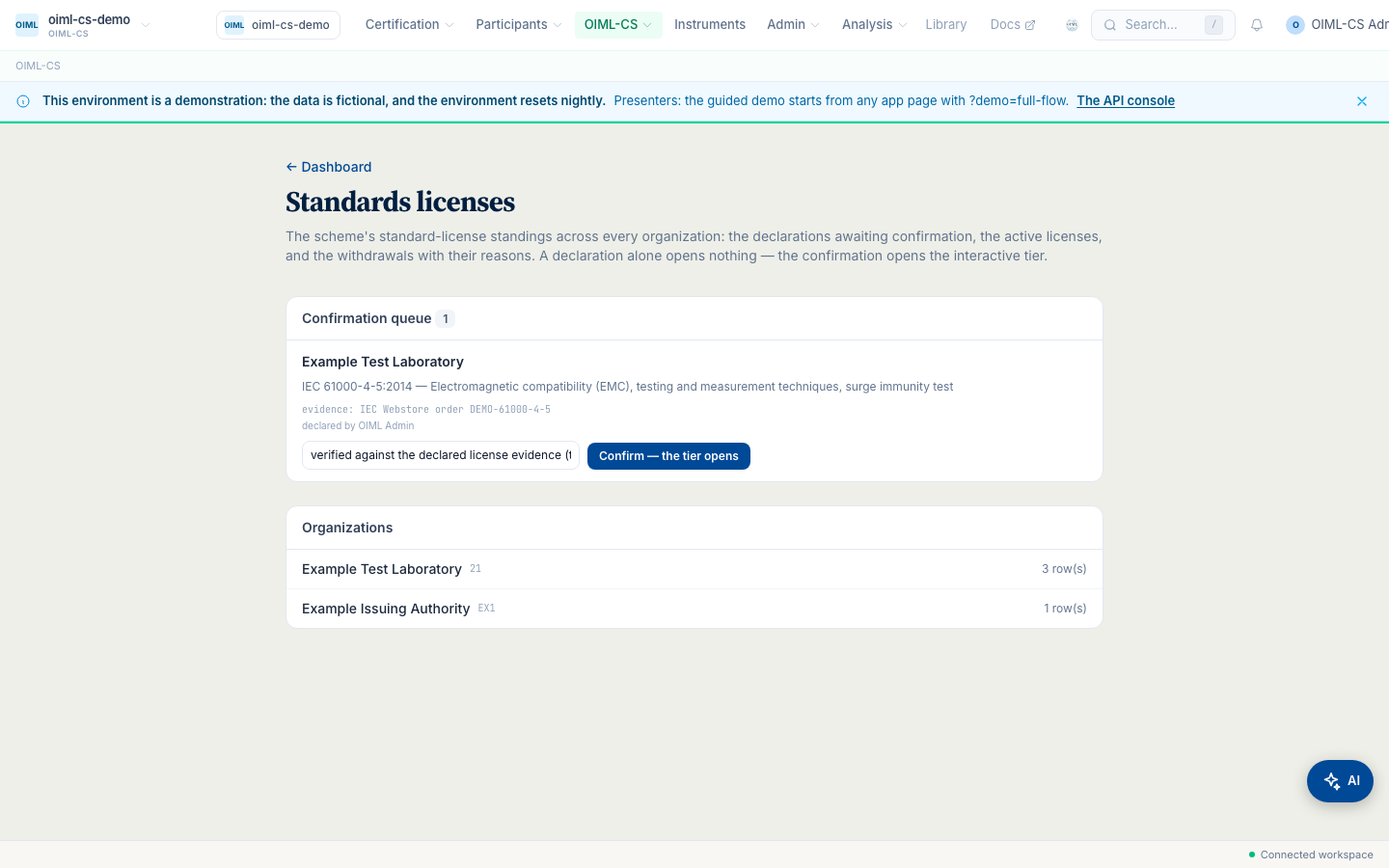 The confirm act on the scheme operator's console: the verification note typed against the declared surge row, the confirmation button ready.