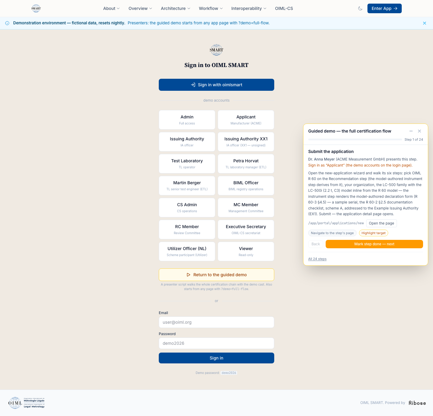 The guided demo panel on the demo login page: the full certification flow in 22 steps, step 1 presented by the applicant persona.