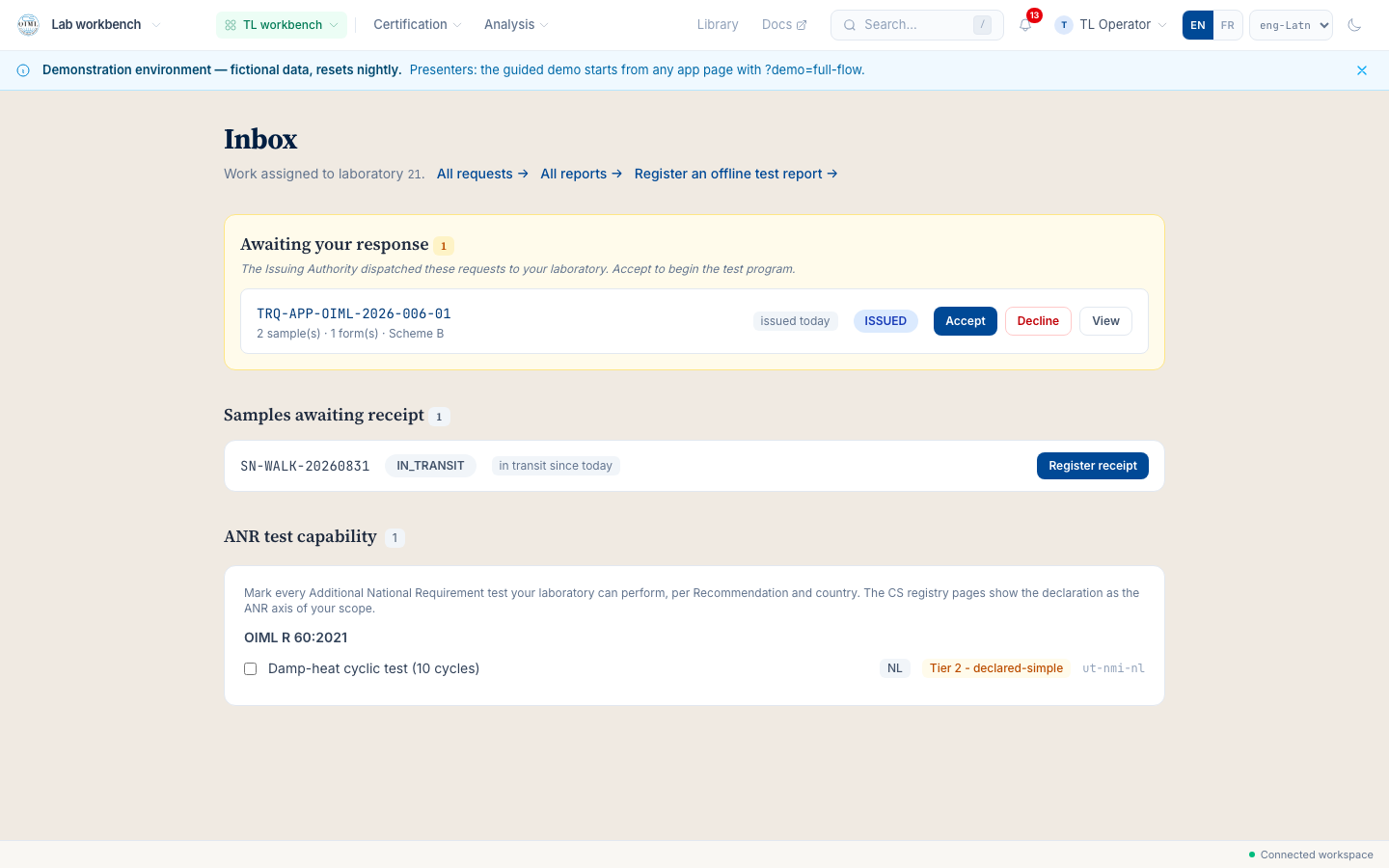 The laboratory's inbox with the dispatched request in the incoming bucket: the project, the subject, the assigned tests.