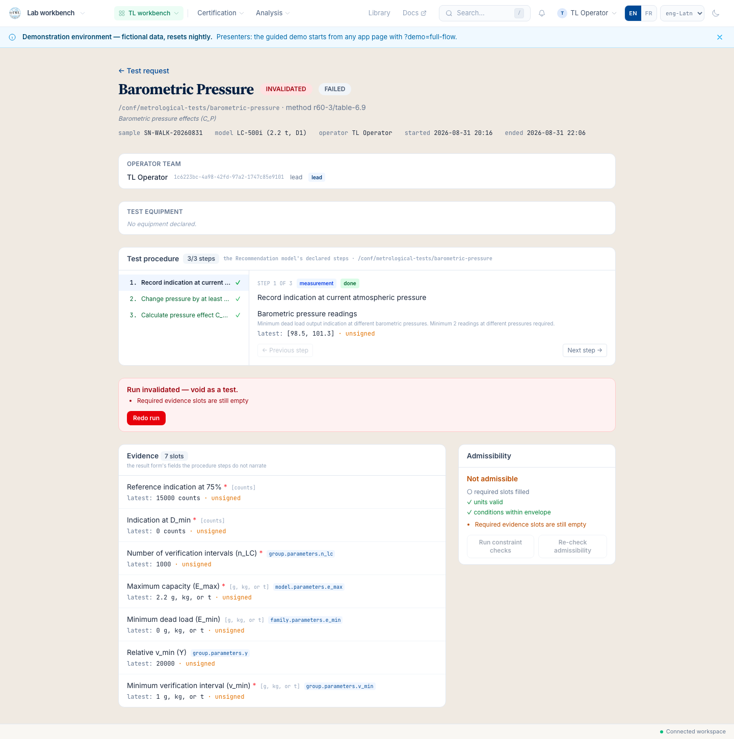 The model-driven test run: the step wizard walks the declared procedure, the header tooltip reads the test's purpose and clause from the model.
